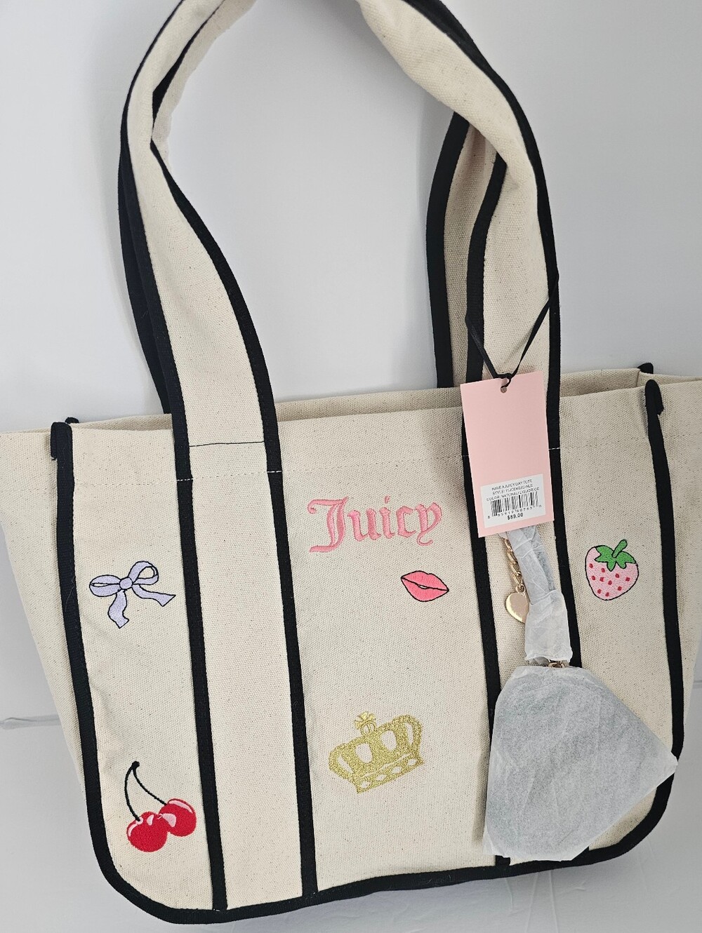 NWT! Juicy Couture, Have a Juicy Day Canvas tote, Natural & Black! 12" X 14"